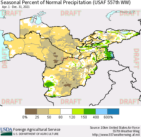 Central Asia Seasonal Percent of Normal Precipitation (USAF 557th WW) Thematic Map For 4/1/2021 - 12/31/2021