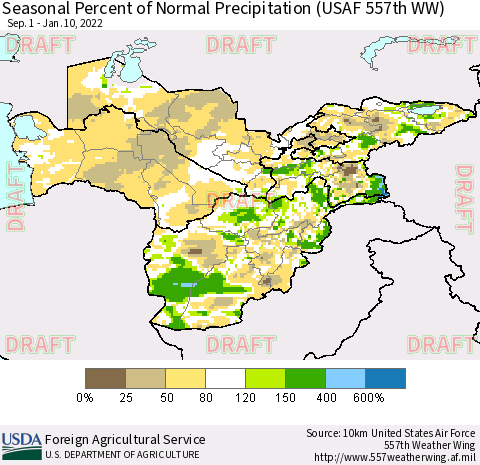 Central Asia Seasonal Percent of Normal Precipitation (USAF 557th WW) Thematic Map For 9/1/2021 - 1/10/2022