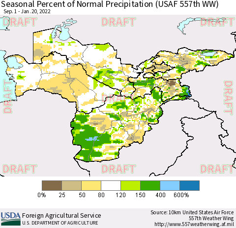 Central Asia Seasonal Percent of Normal Precipitation (USAF 557th WW) Thematic Map For 9/1/2021 - 1/20/2022