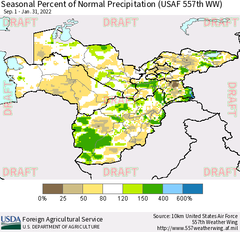 Central Asia Seasonal Percent of Normal Precipitation (USAF 557th WW) Thematic Map For 9/1/2021 - 1/31/2022