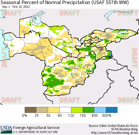 Central Asia Seasonal Percent of Normal Precipitation (USAF 557th WW) Thematic Map For 9/1/2021 - 2/10/2022