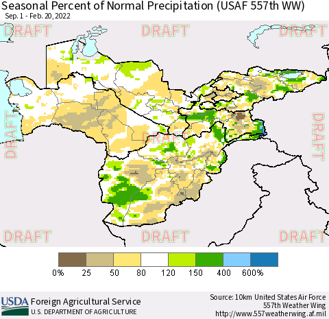 Central Asia Seasonal Percent of Normal Precipitation (USAF 557th WW) Thematic Map For 9/1/2021 - 2/20/2022