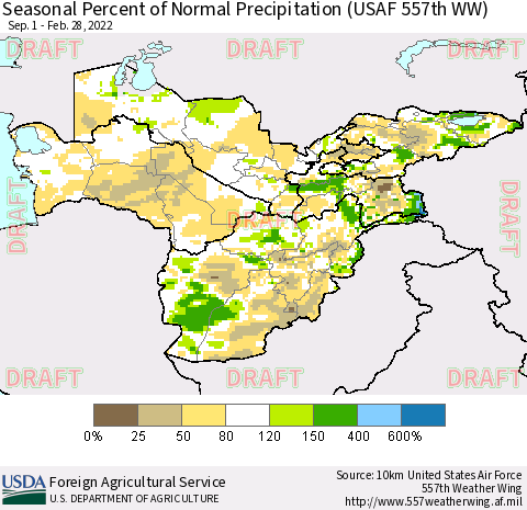 Central Asia Seasonal Percent of Normal Precipitation (USAF 557th WW) Thematic Map For 9/1/2021 - 2/28/2022