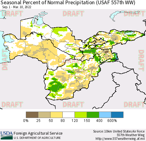 Central Asia Seasonal Percent of Normal Precipitation (USAF 557th WW) Thematic Map For 9/1/2021 - 3/10/2022