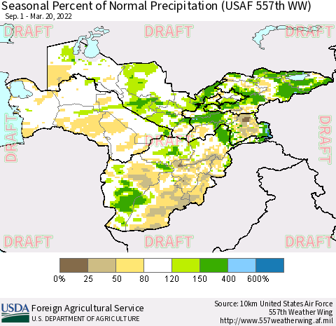 Central Asia Seasonal Percent of Normal Precipitation (USAF 557th WW) Thematic Map For 9/1/2021 - 3/20/2022