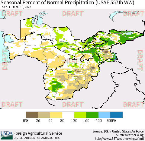 Central Asia Seasonal Percent of Normal Precipitation (USAF 557th WW) Thematic Map For 9/1/2021 - 3/31/2022
