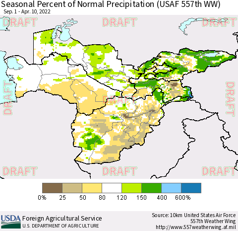 Central Asia Seasonal Percent of Normal Precipitation (USAF 557th WW) Thematic Map For 9/1/2021 - 4/10/2022