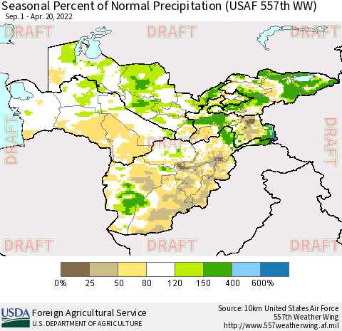 Central Asia Seasonal Percent of Normal Precipitation (USAF 557th WW) Thematic Map For 9/1/2021 - 4/20/2022