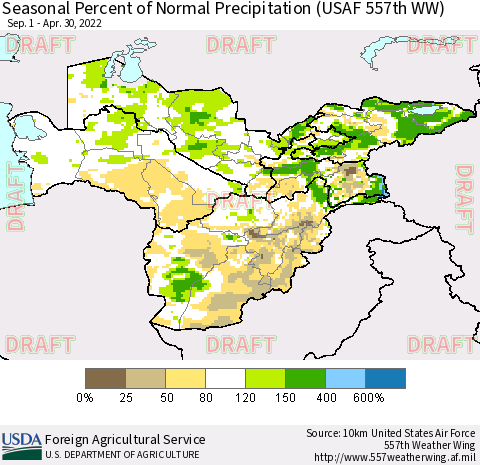 Central Asia Seasonal Percent of Normal Precipitation (USAF 557th WW) Thematic Map For 9/1/2021 - 4/30/2022