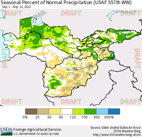 Central Asia Seasonal Percent of Normal Precipitation (USAF 557th WW) Thematic Map For 9/1/2021 - 5/10/2022