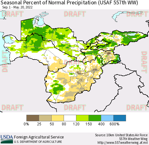 Central Asia Seasonal Percent of Normal Precipitation (USAF 557th WW) Thematic Map For 9/1/2021 - 5/20/2022