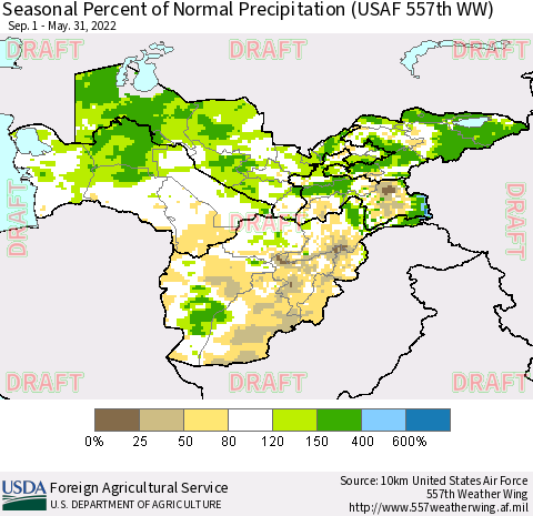 Central Asia Seasonal Percent of Normal Precipitation (USAF 557th WW) Thematic Map For 9/1/2021 - 5/31/2022