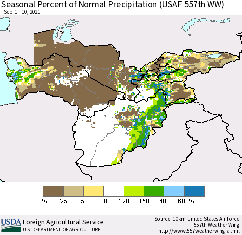 Central Asia Seasonal Percent of Normal Precipitation (USAF 557th WW) Thematic Map For 9/1/2021 - 9/10/2021
