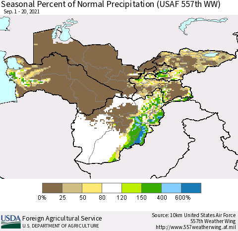 Central Asia Seasonal Percent of Normal Precipitation (USAF 557th WW) Thematic Map For 9/1/2021 - 9/20/2021