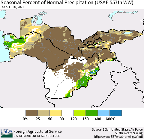 Central Asia Seasonal Percent of Normal Precipitation (USAF 557th WW) Thematic Map For 9/1/2021 - 9/30/2021