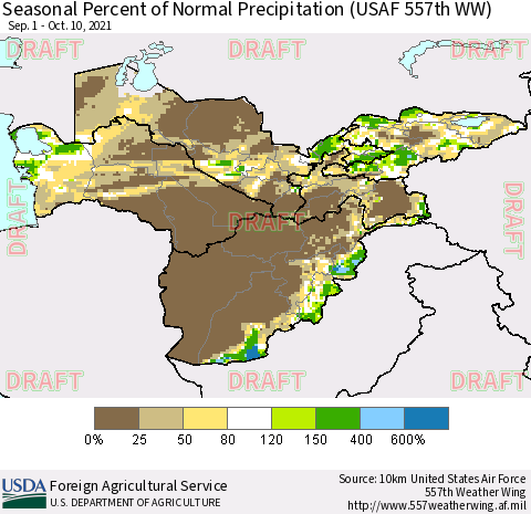 Central Asia Seasonal Percent of Normal Precipitation (USAF 557th WW) Thematic Map For 9/1/2021 - 10/10/2021