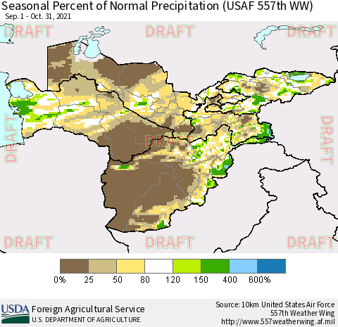 Central Asia Seasonal Percent of Normal Precipitation (USAF 557th WW) Thematic Map For 9/1/2021 - 10/31/2021
