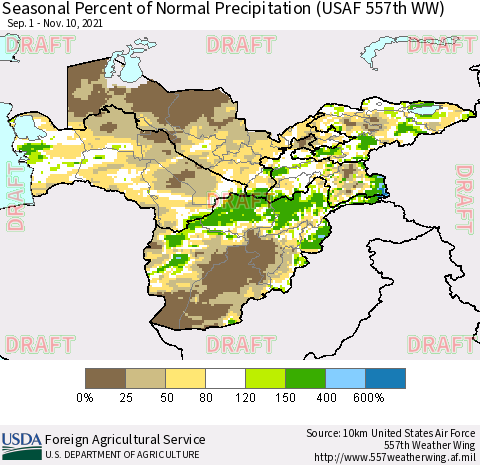 Central Asia Seasonal Percent of Normal Precipitation (USAF 557th WW) Thematic Map For 9/1/2021 - 11/10/2021