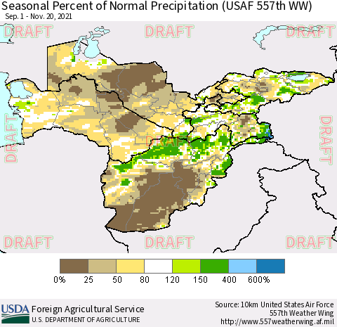 Central Asia Seasonal Percent of Normal Precipitation (USAF 557th WW) Thematic Map For 9/1/2021 - 11/20/2021