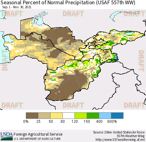 Central Asia Seasonal Percent of Normal Precipitation (USAF 557th WW) Thematic Map For 9/1/2021 - 11/30/2021