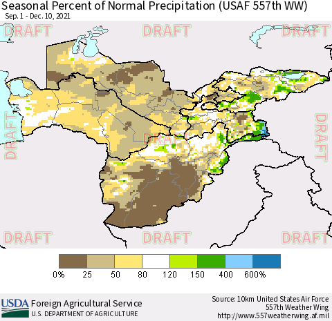 Central Asia Seasonal Percent of Normal Precipitation (USAF 557th WW) Thematic Map For 9/1/2021 - 12/10/2021