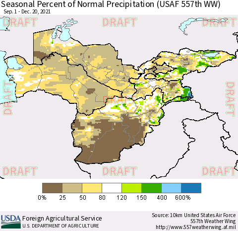 Central Asia Seasonal Percent of Normal Precipitation (USAF 557th WW) Thematic Map For 9/1/2021 - 12/20/2021