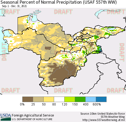 Central Asia Seasonal Percent of Normal Precipitation (USAF 557th WW) Thematic Map For 9/1/2021 - 12/31/2021