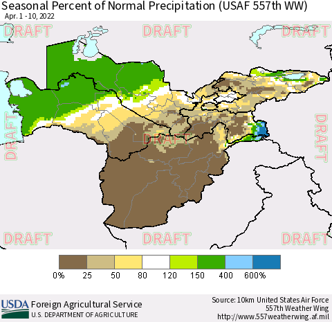 Central Asia Seasonal Percent of Normal Precipitation (USAF 557th WW) Thematic Map For 4/1/2022 - 4/10/2022