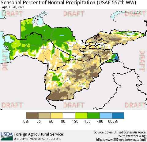Central Asia Seasonal Percent of Normal Precipitation (USAF 557th WW) Thematic Map For 4/1/2022 - 4/20/2022