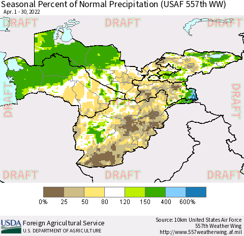 Central Asia Seasonal Percent of Normal Precipitation (USAF 557th WW) Thematic Map For 4/1/2022 - 4/30/2022