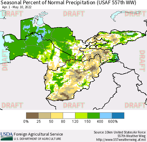 Central Asia Seasonal Percent of Normal Precipitation (USAF 557th WW) Thematic Map For 4/1/2022 - 5/10/2022
