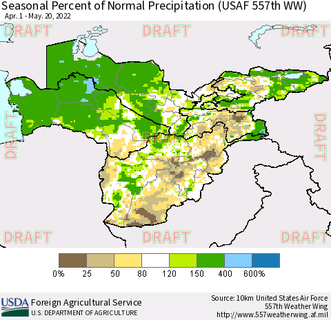 Central Asia Seasonal Percent of Normal Precipitation (USAF 557th WW) Thematic Map For 4/1/2022 - 5/20/2022
