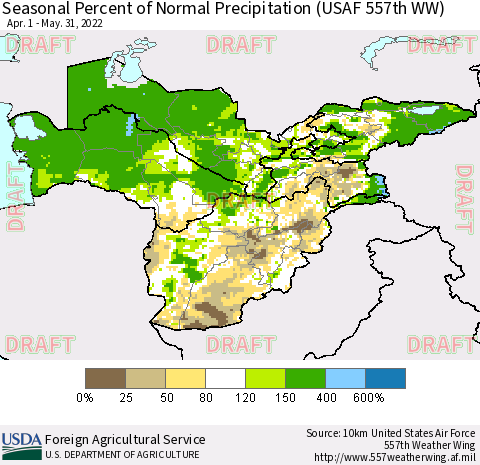 Central Asia Seasonal Percent of Normal Precipitation (USAF 557th WW) Thematic Map For 4/1/2022 - 5/31/2022