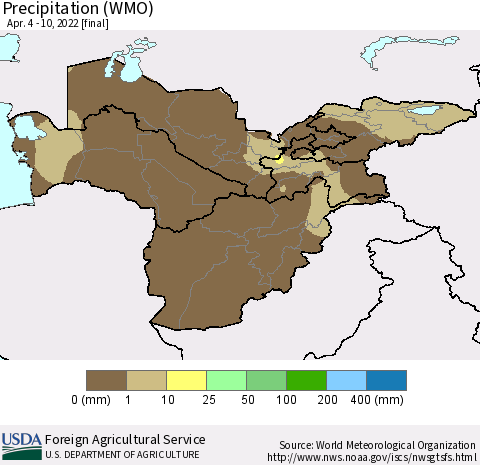 Central Asia Precipitation (WMO) Thematic Map For 4/4/2022 - 4/10/2022