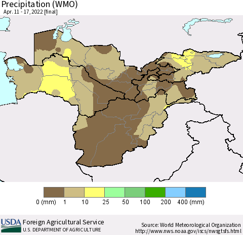 Central Asia Precipitation (WMO) Thematic Map For 4/11/2022 - 4/17/2022
