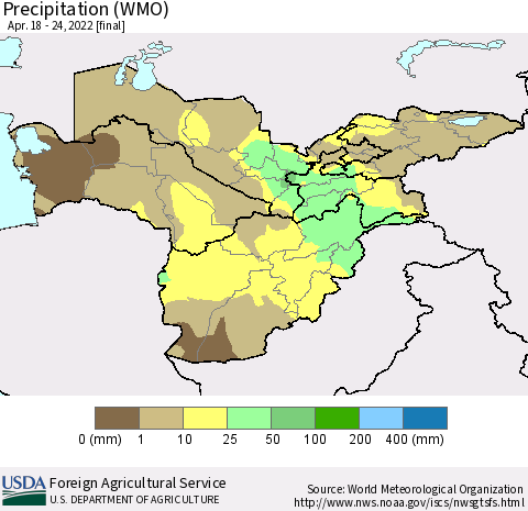 Central Asia Precipitation (WMO) Thematic Map For 4/18/2022 - 4/24/2022