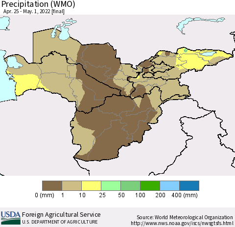 Central Asia Precipitation (WMO) Thematic Map For 4/25/2022 - 5/1/2022