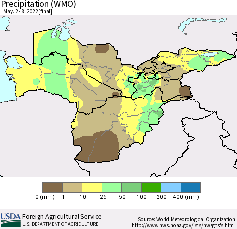Central Asia Precipitation (WMO) Thematic Map For 5/2/2022 - 5/8/2022