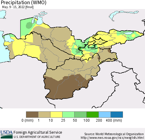 Central Asia Precipitation (WMO) Thematic Map For 5/9/2022 - 5/15/2022