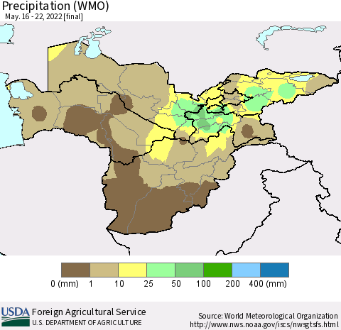 Central Asia Precipitation (WMO) Thematic Map For 5/16/2022 - 5/22/2022
