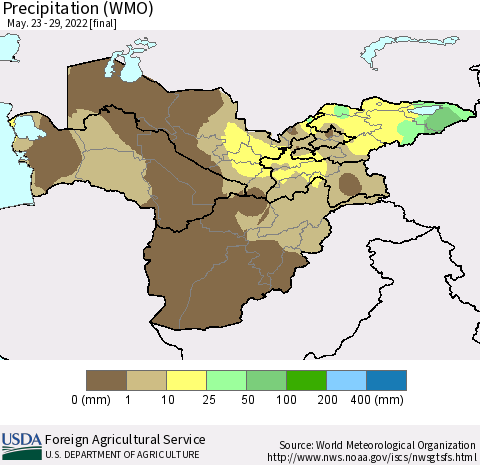 Central Asia Precipitation (WMO) Thematic Map For 5/23/2022 - 5/29/2022