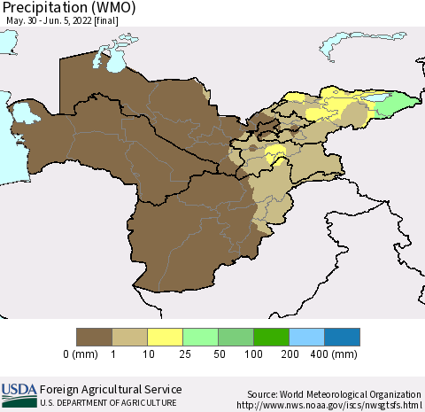 Central Asia Precipitation (WMO) Thematic Map For 5/30/2022 - 6/5/2022
