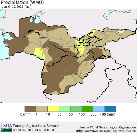 Central Asia Precipitation (WMO) Thematic Map For 6/6/2022 - 6/12/2022