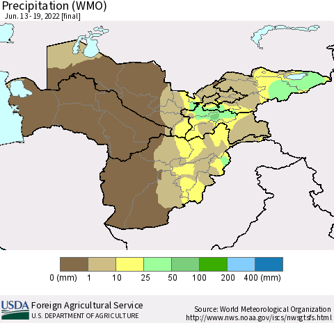 Central Asia Precipitation (WMO) Thematic Map For 6/13/2022 - 6/19/2022
