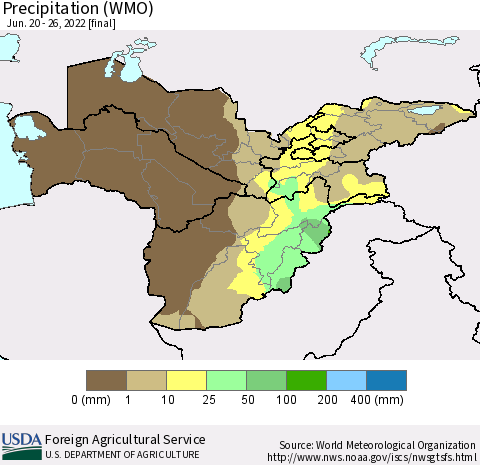 Central Asia Precipitation (WMO) Thematic Map For 6/20/2022 - 6/26/2022
