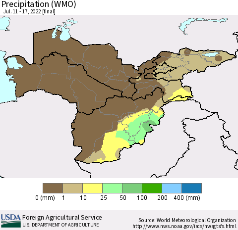 Central Asia Precipitation (WMO) Thematic Map For 7/11/2022 - 7/17/2022