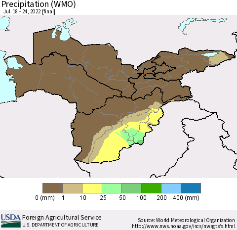 Central Asia Precipitation (WMO) Thematic Map For 7/18/2022 - 7/24/2022
