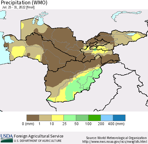 Central Asia Precipitation (WMO) Thematic Map For 7/25/2022 - 7/31/2022