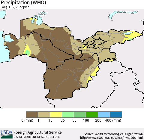Central Asia Precipitation (WMO) Thematic Map For 8/1/2022 - 8/7/2022