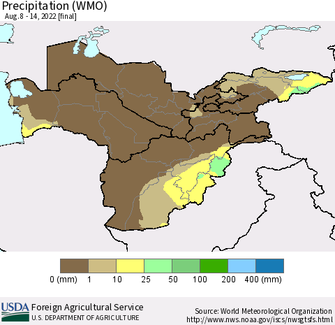 Central Asia Precipitation (WMO) Thematic Map For 8/8/2022 - 8/14/2022